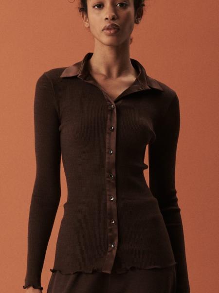 Pull chemisier laine & soie col satin